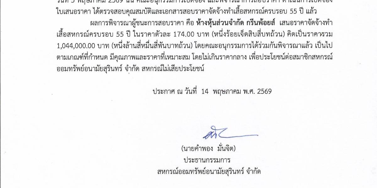 ประกาศรายชื่อผู้ชนะการเสนอราคาจัดจ้างทำเสื้อสหกรณ์ครบรอบ 55 ปี
